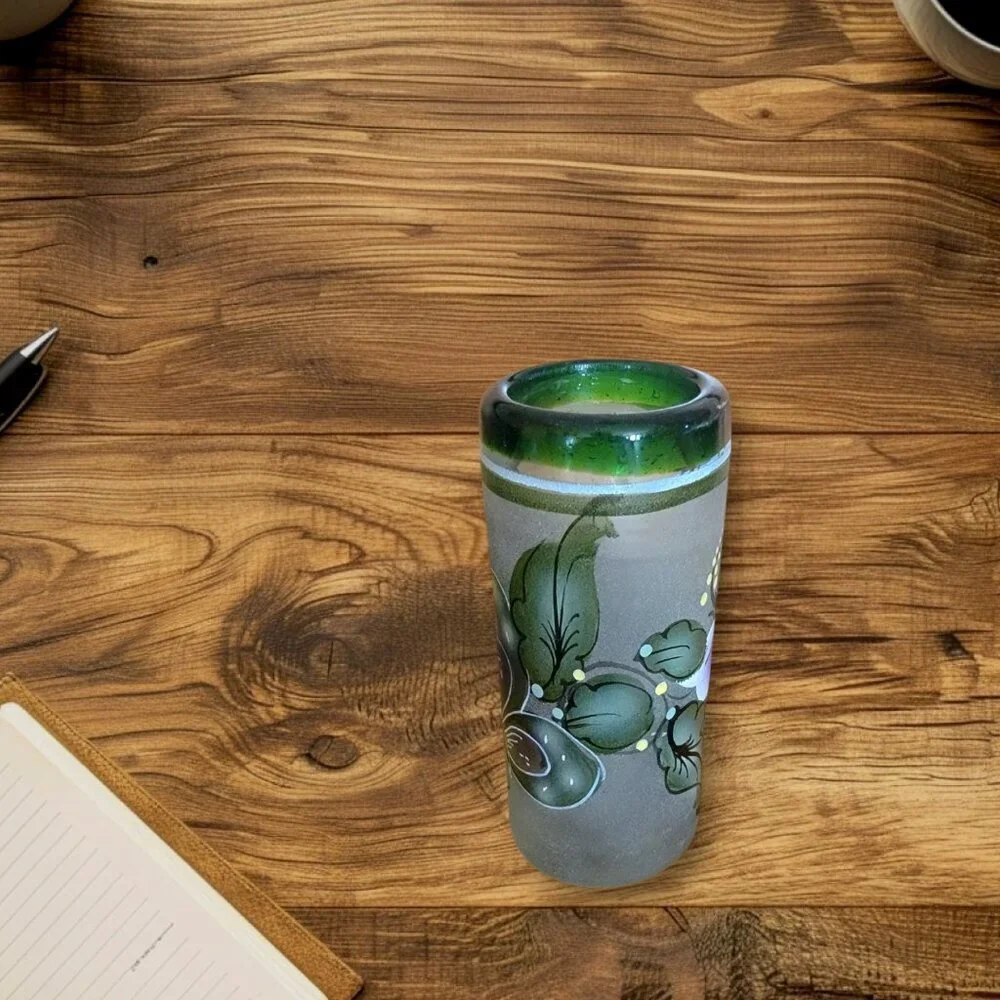 Mexican Made Hand Painted Frosted Glass Floral‎ Design Set of 2 Shot Glasses…